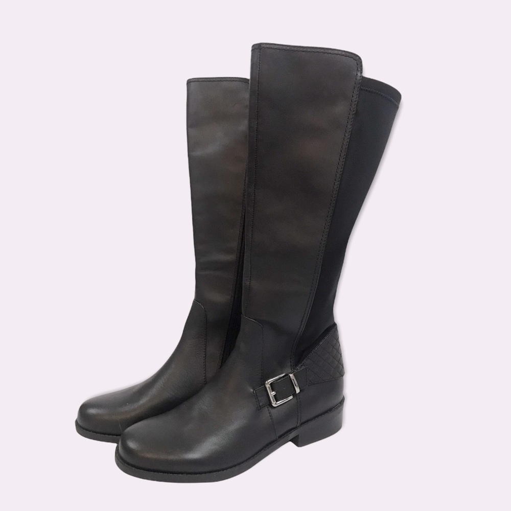 Black Leather Tall Quilted Knee High Riding Style Boots, 11M